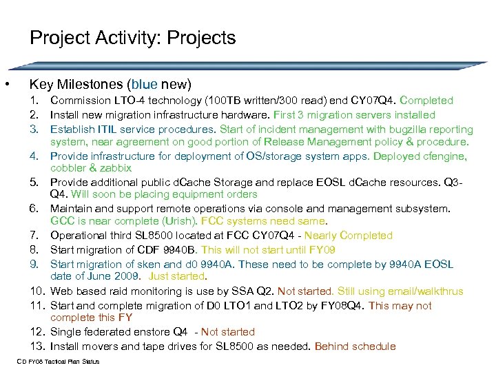 Project Activity: Projects • Key Milestones (blue new) 1. Commission LTO-4 technology (100 TB