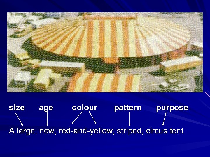 size age colour pattern purpose A large, new, red-and-yellow, striped, circus tent 