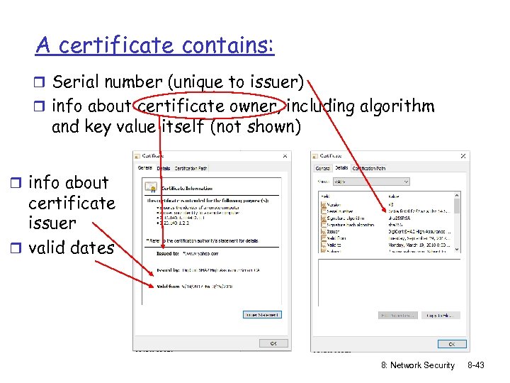 A certificate contains: r Serial number (unique to issuer) r info about certificate owner,