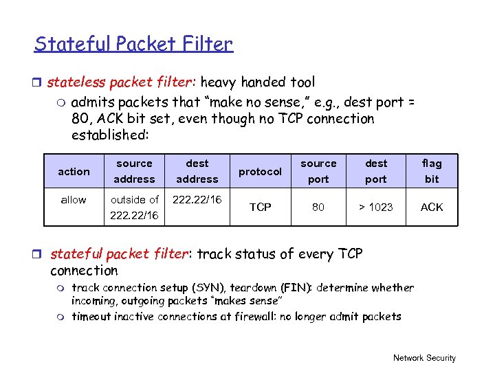 Stateful Packet Filter r stateless packet filter: heavy handed tool m admits packets that