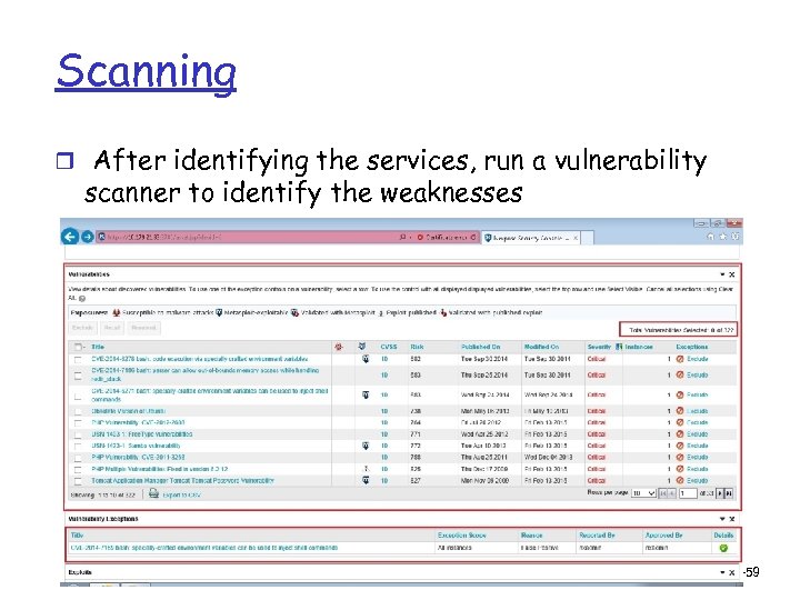 Scanning r After identifying the services, run a vulnerability scanner to identify the weaknesses