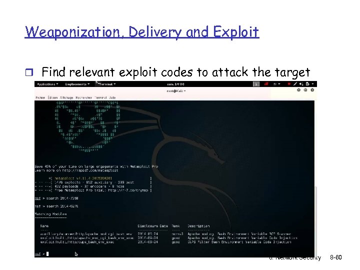 Weaponization, Delivery and Exploit r Find relevant exploit codes to attack the target 8: