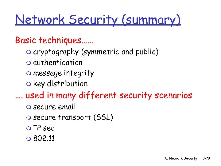 Network Security (summary) Basic techniques…. . . m cryptography (symmetric and public) m authentication