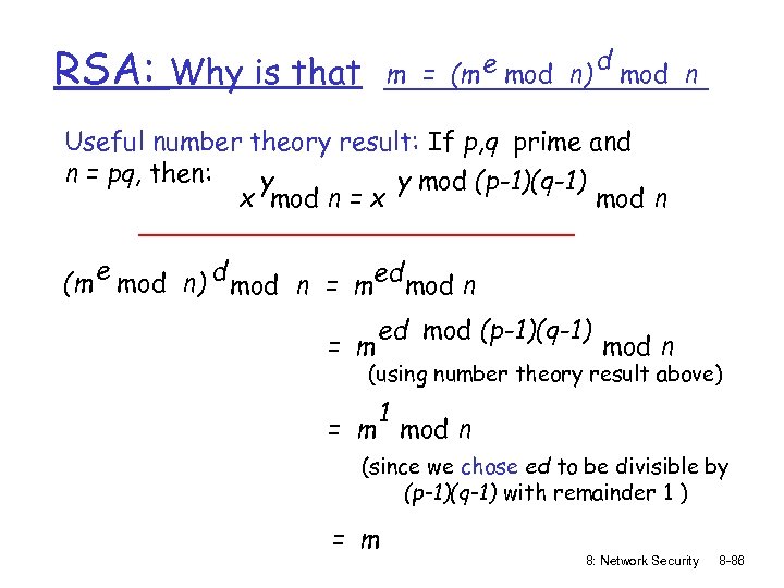 RSA: m = (m e mod n) Why is that d mod n Useful