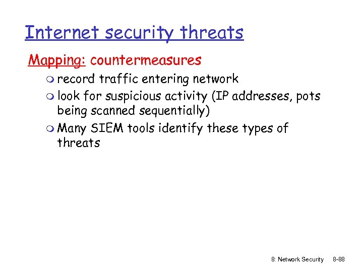 Internet security threats Mapping: countermeasures m record traffic entering network m look for suspicious