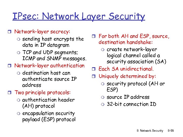 IPsec: Network Layer Security r Network-layer secrecy: sending host encrypts the data in IP