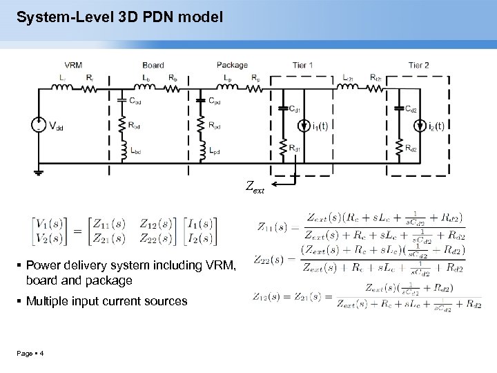 System-Level 3 D PDN model Zext Power delivery system including VRM, board and package