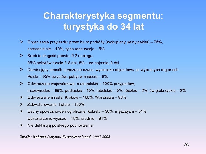 Charakterystyka segmentu: turystyka do 34 lat Ø Organizacja przyjazdu: przez biuro podróży (wykupiony pełny