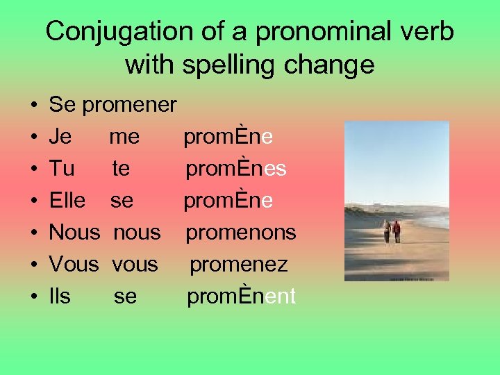Conjugation of a pronominal verb with spelling change • • Se promener Je me
