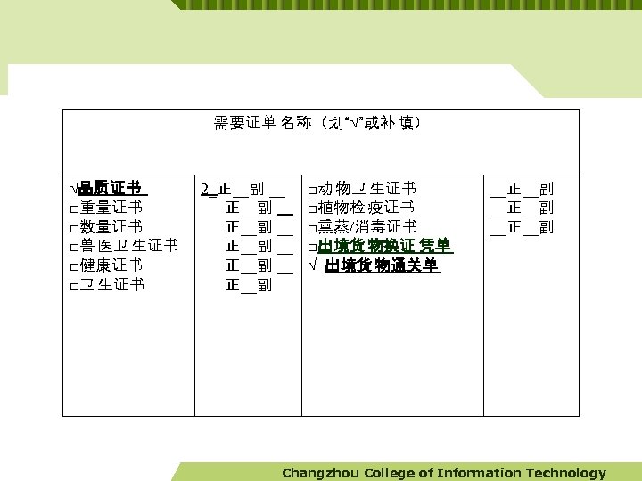 需要证单 名称（划“√”或补 填） √品质证书 □重量证书 □数量证书 □兽 医卫 生证书 □健康证书 □卫 生证书 2_正__副 __