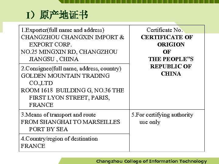 I）原产地证书 1. Exporter(full name and address) CHANGZHOU CHANGXIN IMPORT & EXPORT CORP. NO. 25