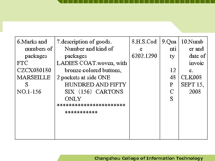 6. Marks and 7. description of goods. 8. H. S. Cod 9. Qua 10.
