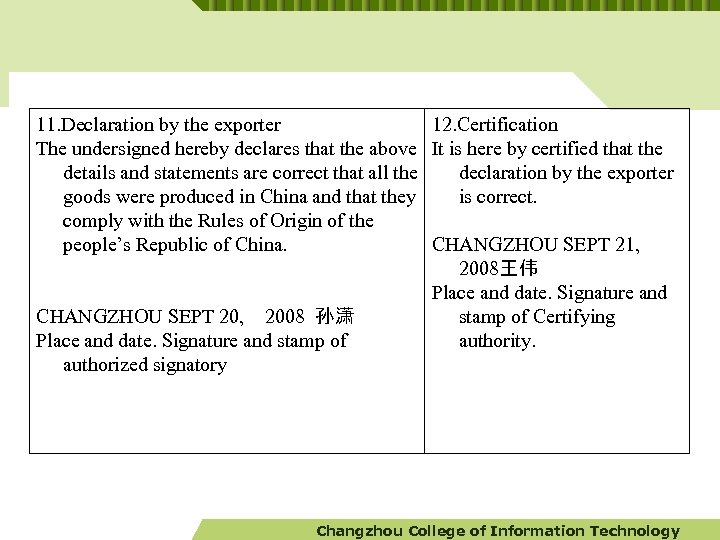 11. Declaration by the exporter The undersigned hereby declares that the above details and