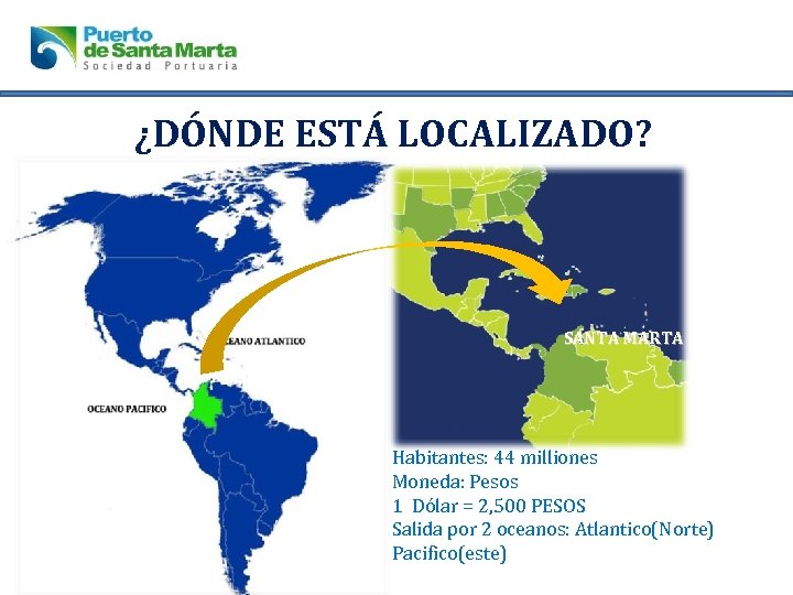 ¿DÓNDE ESTÁ LOCALIZADO? SANTA MARTA Habitantes: 44 milliones Moneda: Pesos 1 Dólar = 2,