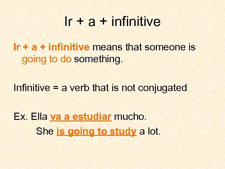 Ir + a + infinitive means that someone is going to do something. Infinitive