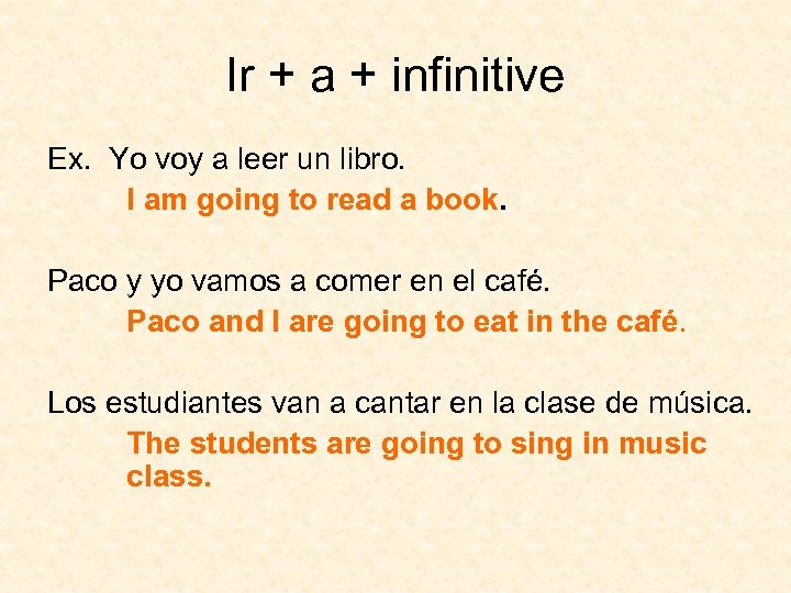 Ir + a + infinitive Ex. Yo voy a leer un libro. I am