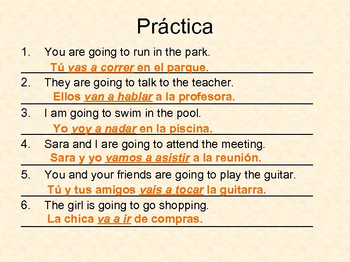 Práctica 1. You are going to run in the park. _______________________ Tú vas a