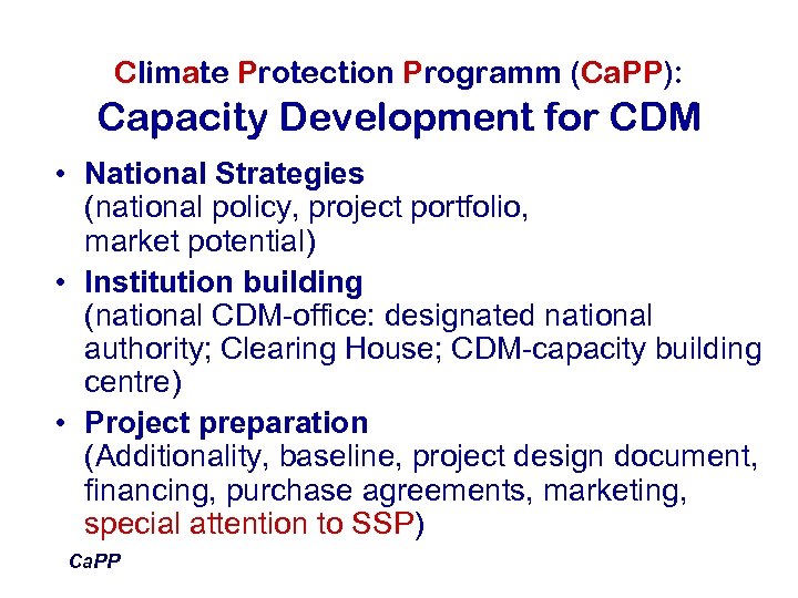 Climate Protection Programm (Ca. PP): Capacity Development for CDM • National Strategies (national policy,