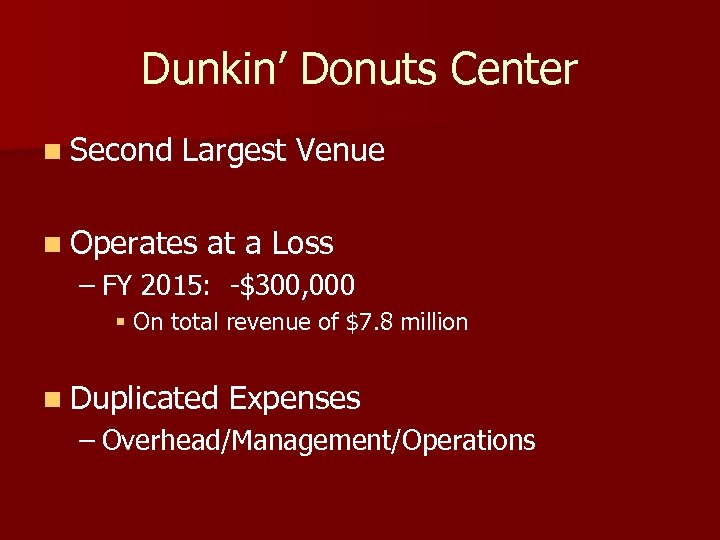 Dunkin’ Donuts Center n Second Largest Venue n Operates at a Loss – FY