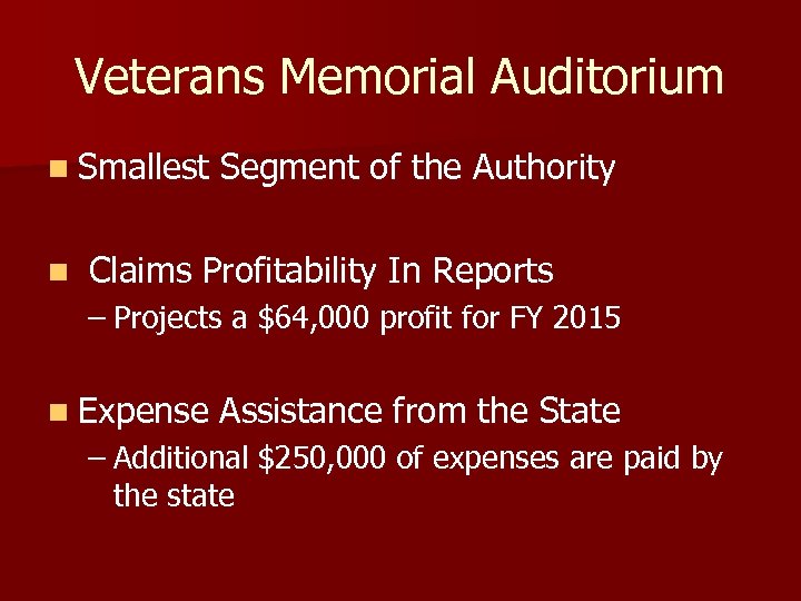 Veterans Memorial Auditorium n Smallest Segment of the Authority n Claims Profitability In Reports