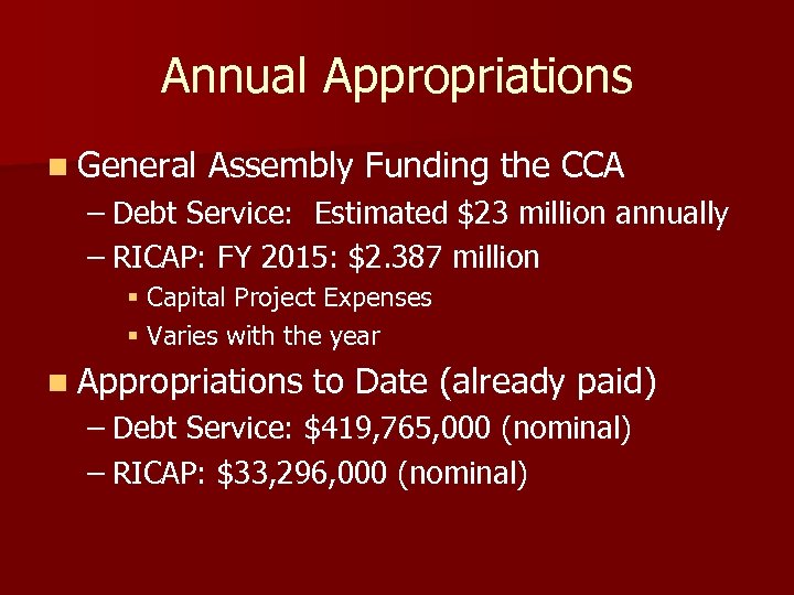 Annual Appropriations n General Assembly Funding the CCA – Debt Service: Estimated $23 million