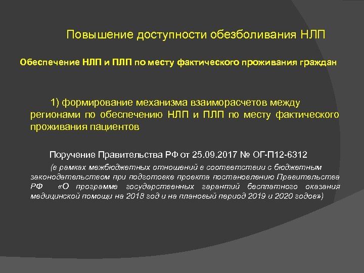  Повышение доступности обезболивания НЛП Обеспечение НЛП и ПЛП по месту фактического проживания граждан