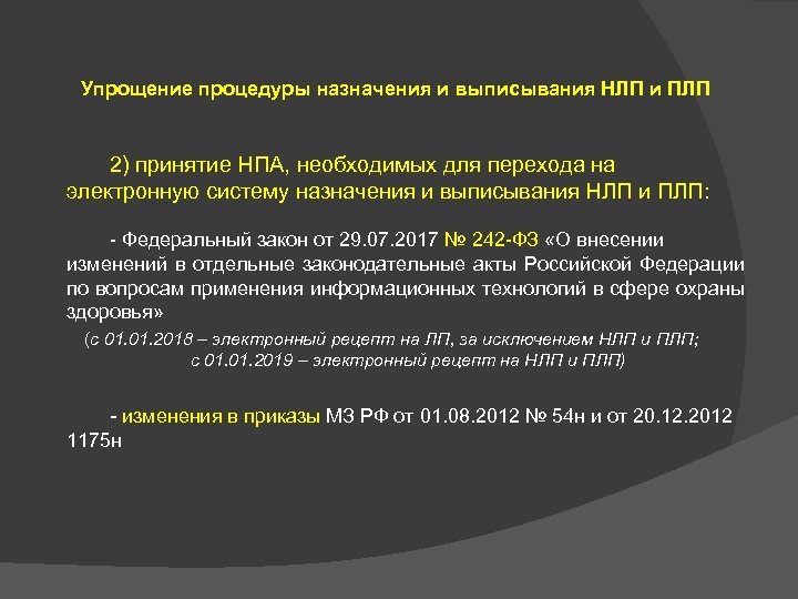  Упрощение процедуры назначения и выписывания НЛП и ПЛП 2) принятие НПА, необходимых для