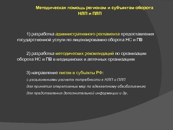 Методическая помощь регионам и субъектам оборота НЛП и ПЛП 1) разработка административного регламента предоставления