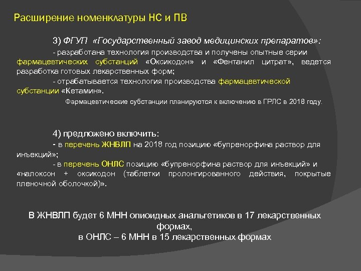 Расширение номенклатуры НС и ПВ 3) ФГУП «Государственный завод медицинских препаратов» : - разработана