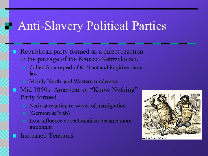 Anti-Slavery Political Parties n Republican party formed as a direct reaction to the passage