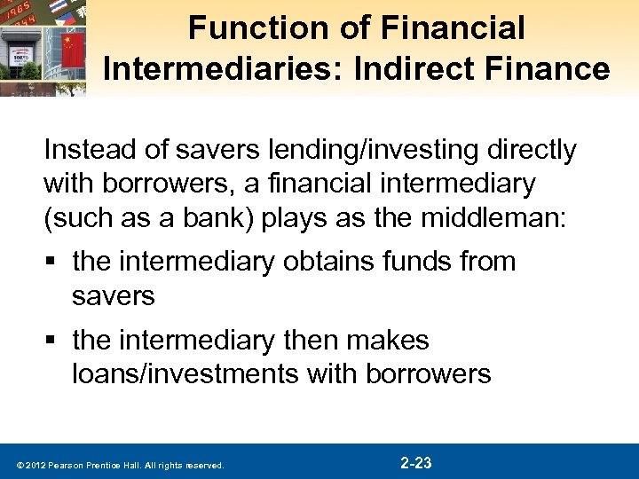 Function of Financial Intermediaries: Indirect Finance Instead of savers lending/investing directly with borrowers, a