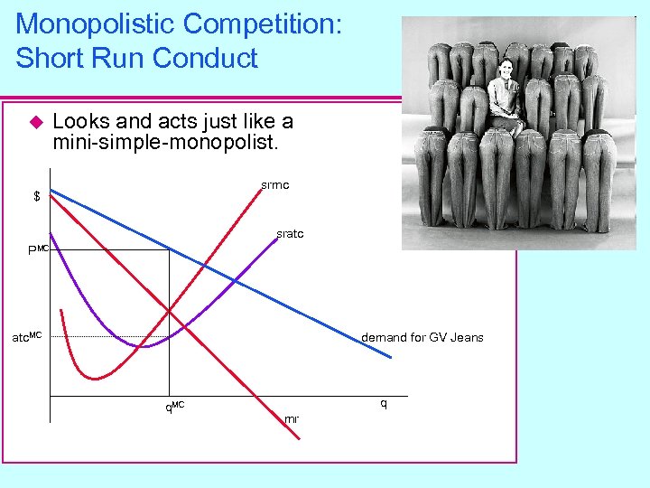 Monopolistic Competition: Short Run Conduct u Looks and acts just like a mini-simple-monopolist. srmc
