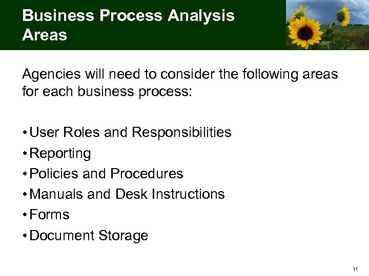 Business Process Analysis Areas Agencies will need to consider the following areas for each