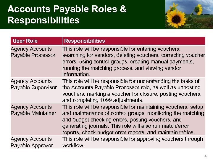Accounts Payable Roles & Responsibilities User Role Agency Accounts Payable Processor Agency Accounts Payable
