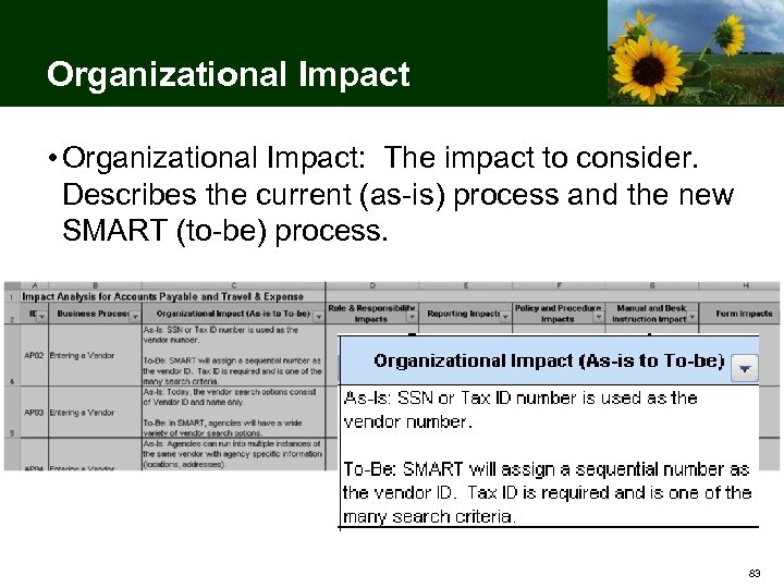 Organizational Impact • Organizational Impact: The impact to consider. Describes the current (as-is) process