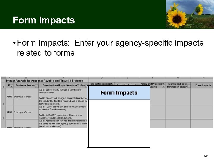 Form Impacts • Form Impacts: Enter your agency-specific impacts related to forms 92 