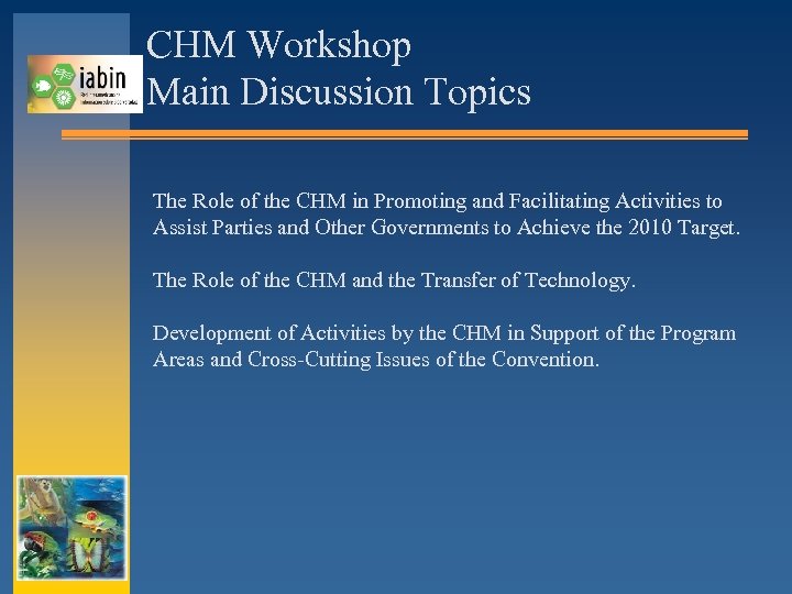 CHM Workshop Main Discussion Topics The Role of the CHM in Promoting and Facilitating
