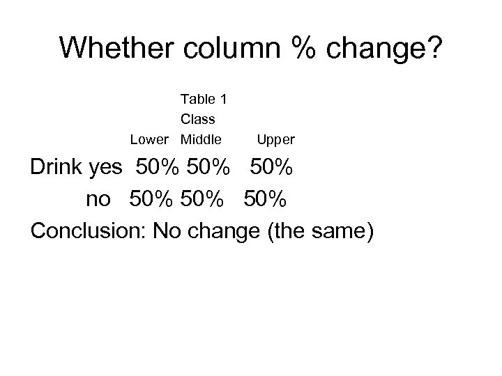 Whether column % change? Table 1 Class Lower Middle Upper Drink yes 50% 50%