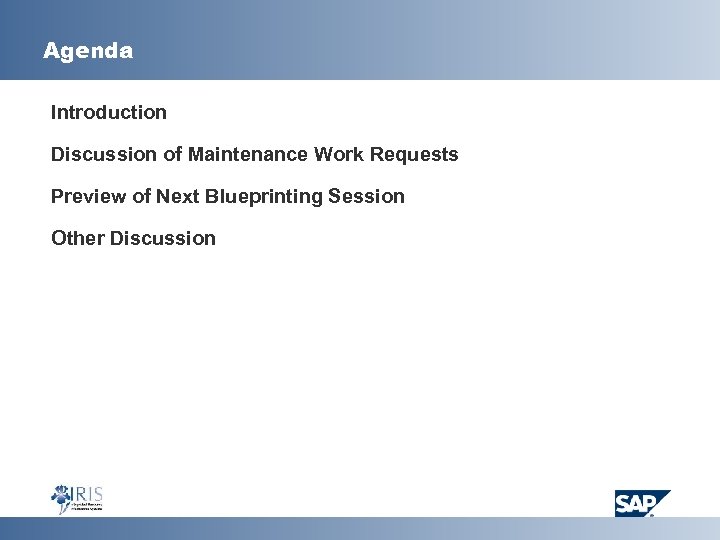Agenda Introduction Discussion of Maintenance Work Requests Preview of Next Blueprinting Session Other Discussion