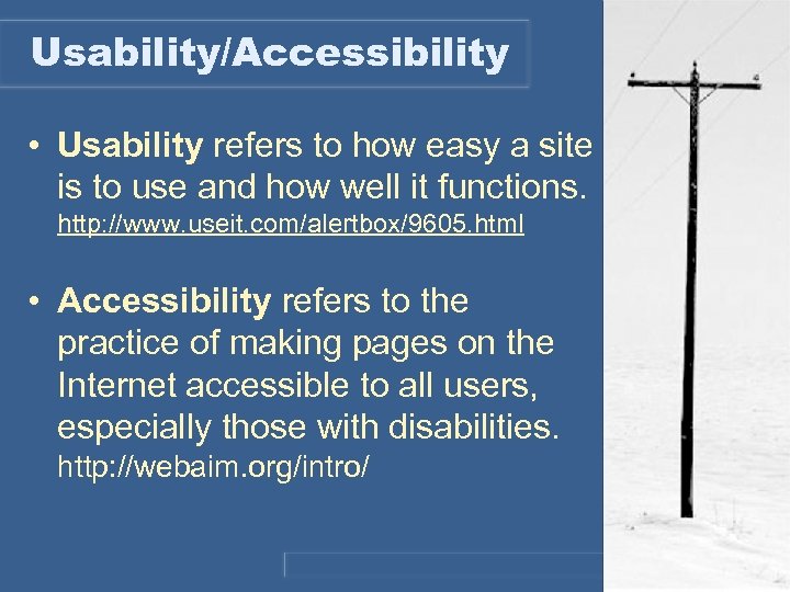 Usability/Accessibility • Usability refers to how easy a site is to use and how