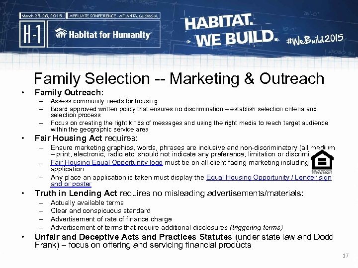  • Family Selection -- Marketing & Outreach Family Outreach: – – – •