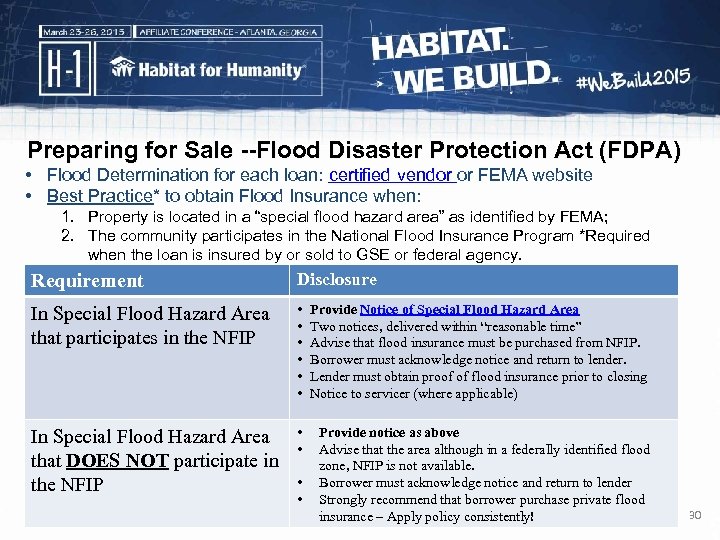 Preparing for Sale --Flood Disaster Protection Act (FDPA) • Flood Determination for each loan: