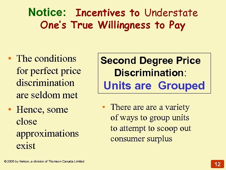Notice: Incentives to Understate One’s True Willingness to Pay • The conditions for perfect