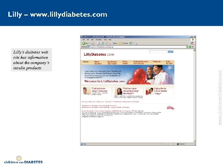 Lilly’s diabetes web site has information about the company’s insulin products. www. childrenwithdiabetes. com