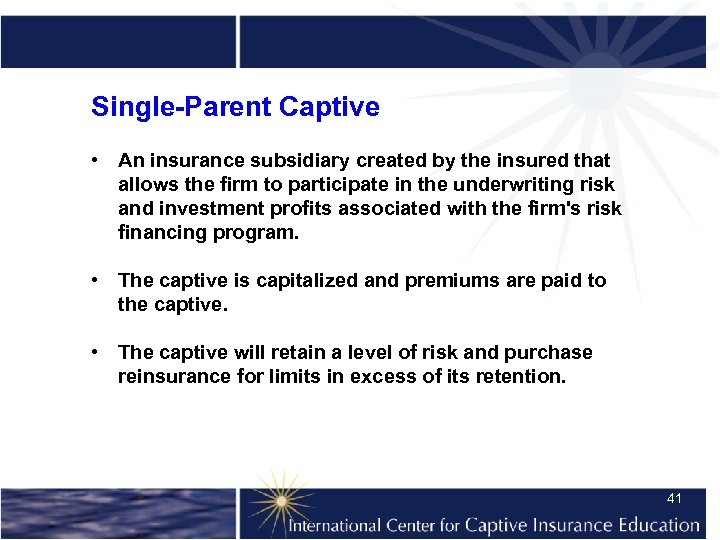 Single-Parent Captive • An insurance subsidiary created by the insured that allows the firm