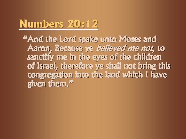 Numbers 20: 12 “And the Lord spake unto Moses and Aaron, Because ye believed