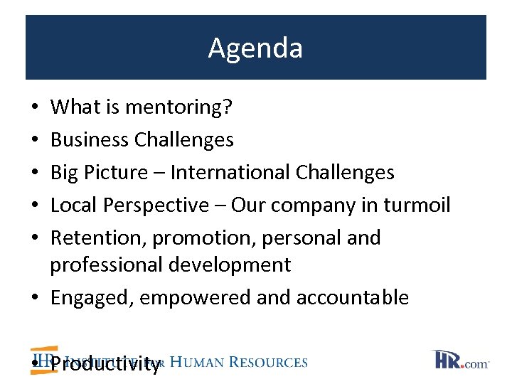 Agenda What is mentoring? Business Challenges Big Picture – International Challenges Local Perspective –