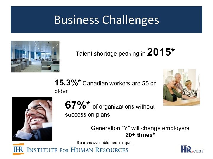 Business Challenges Talent shortage peaking in 2015* 15. 3%* Canadian workers are 55 or