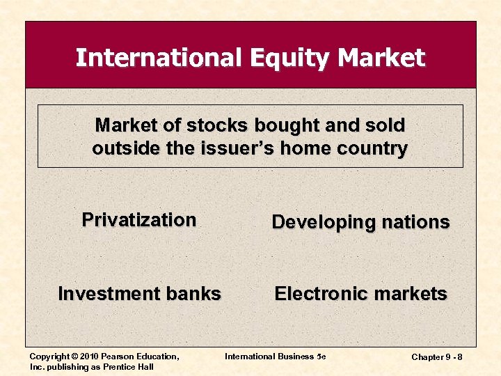 International Equity Market of stocks bought and sold outside the issuer’s home country Privatization