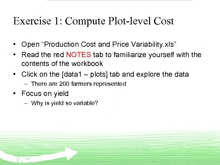 Exercise 1: Compute Plot-level Cost • Open “Production Cost and Price Variability. xls” •